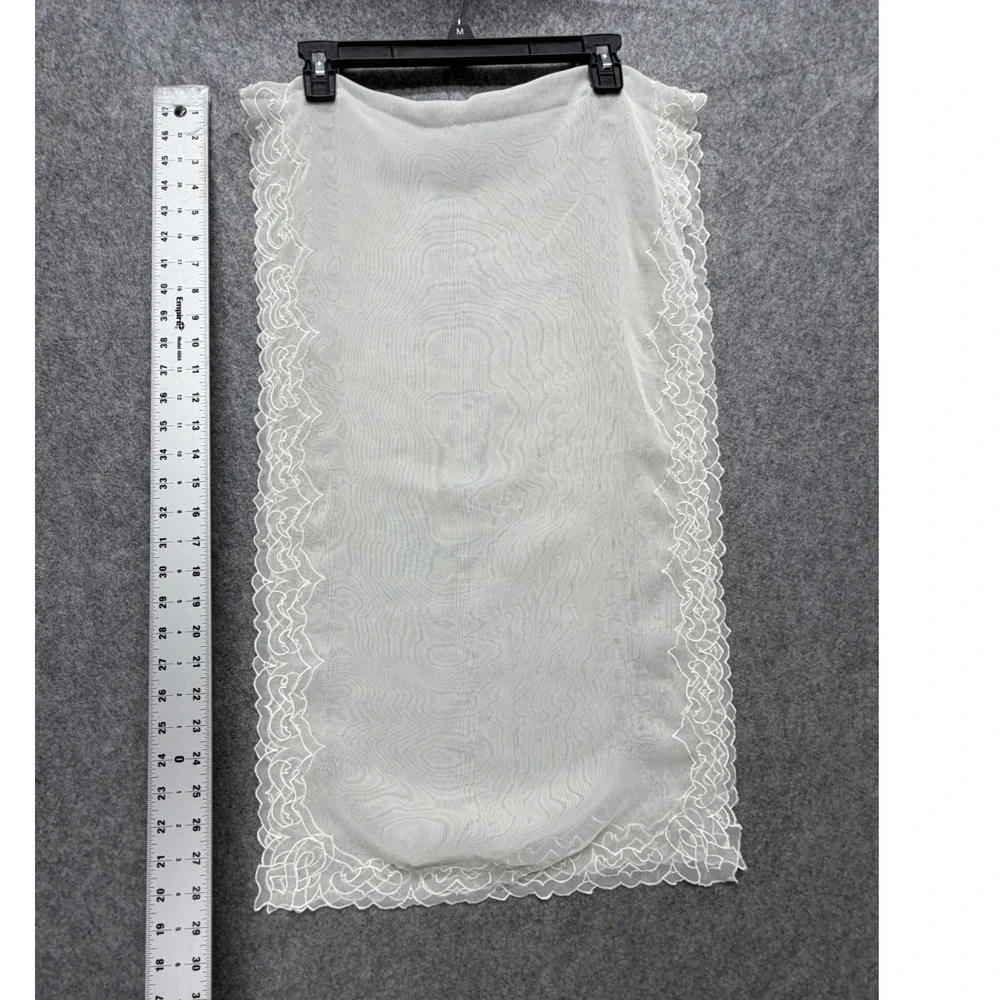 Vintage Sheer Off White Table Runner Embroidered Scalloped Edge Scrollwork 30x15